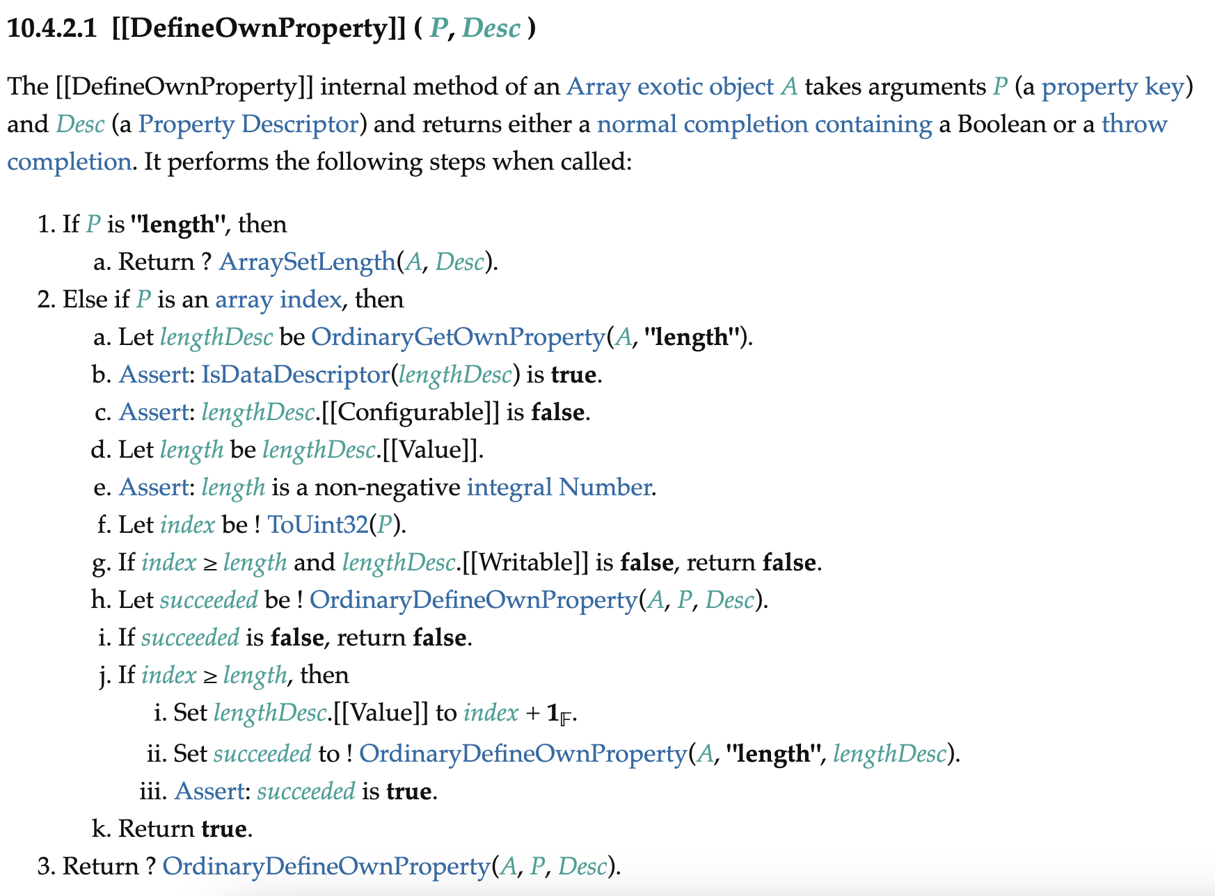 Array Exotic Object's DefineOwnProperty