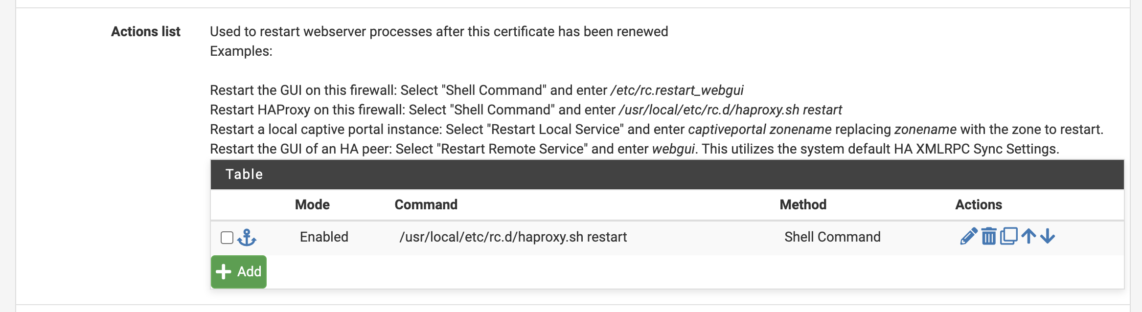 Certificate Actions List