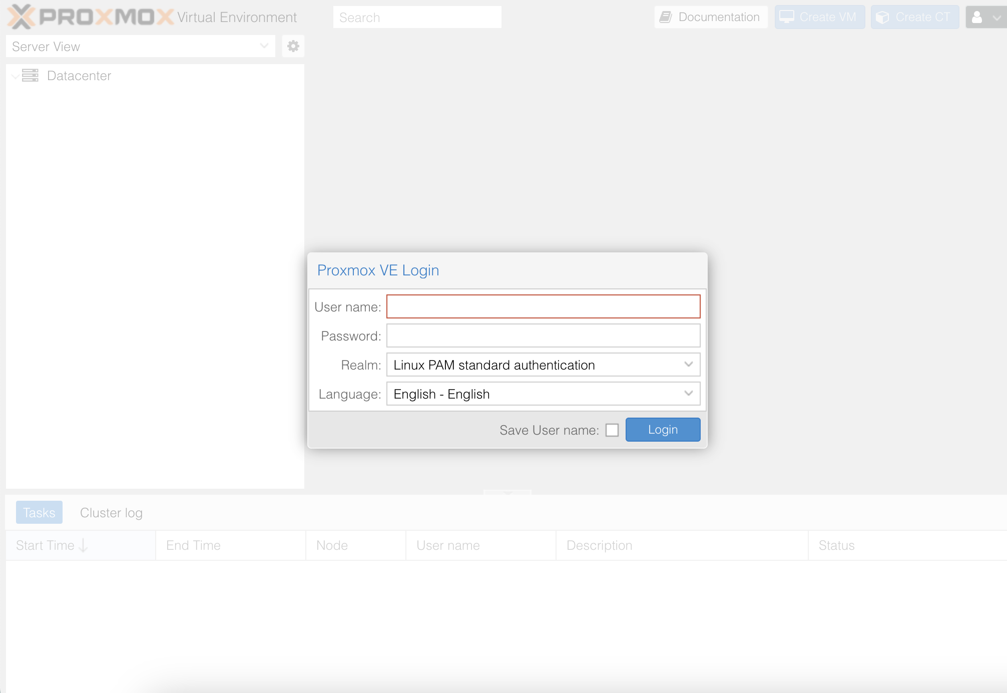 Proxmox login screen