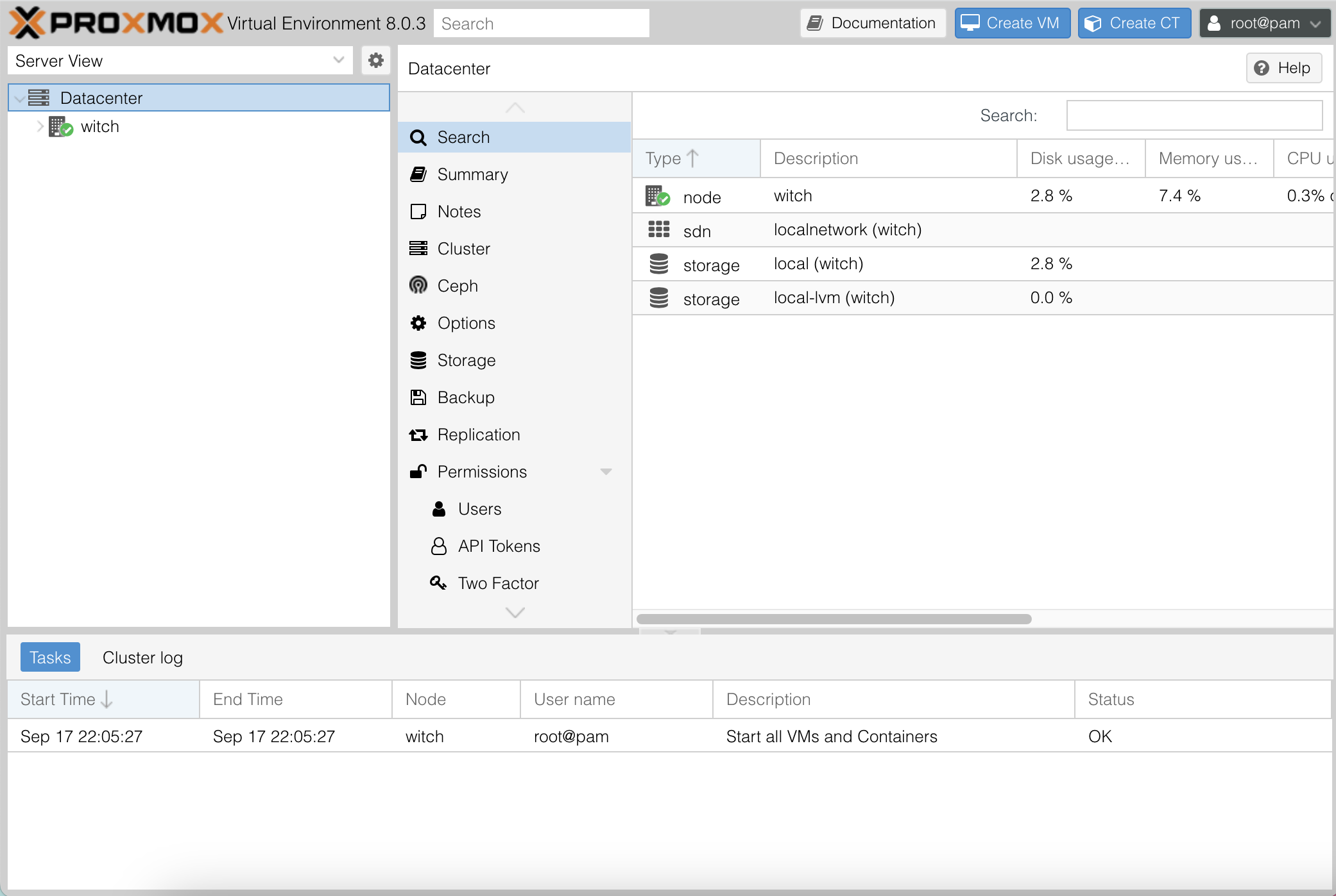 Proxmox web UI